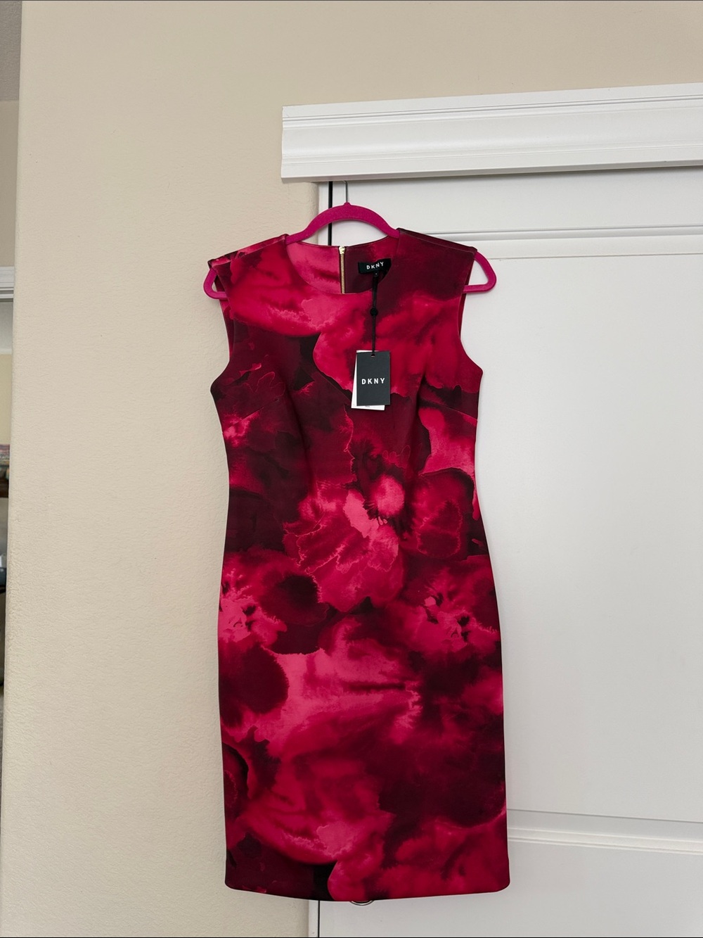 DKNY Magenta and Burgundy Floral Midi Sheath Dress